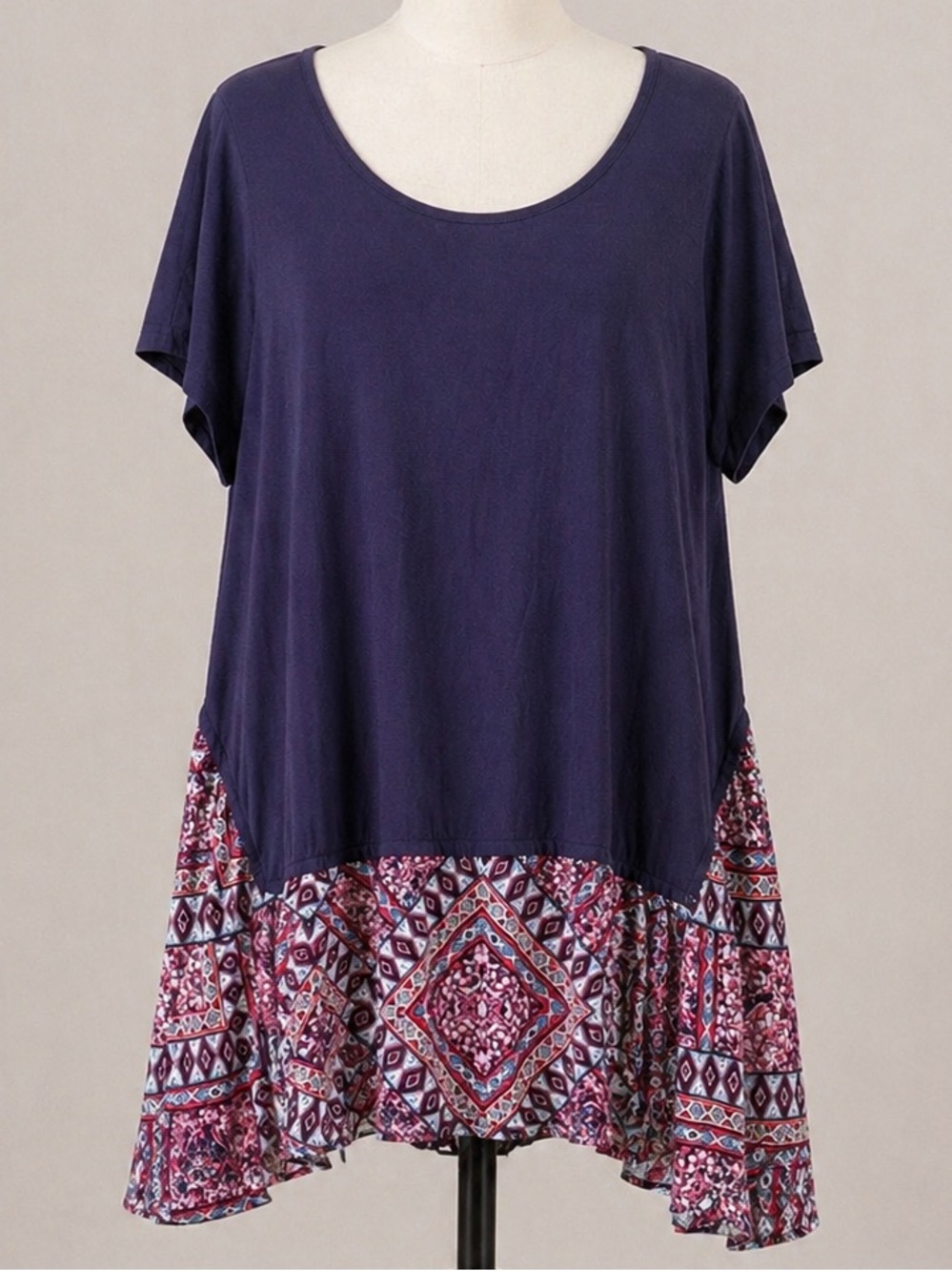 Umgee Navy Swing Tunic with Pink & White Patterned Hem